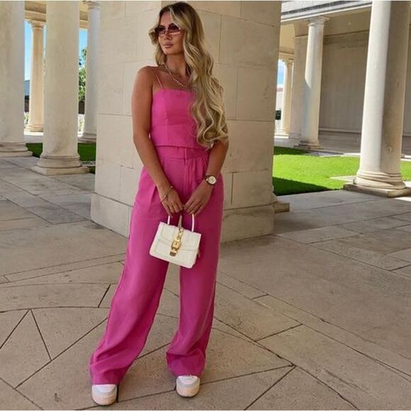 ZARA Flowy Crop Top Square Neck Spaghetti Strap Lace Up Open Back Tank Top Pink - Picture 7 of 14